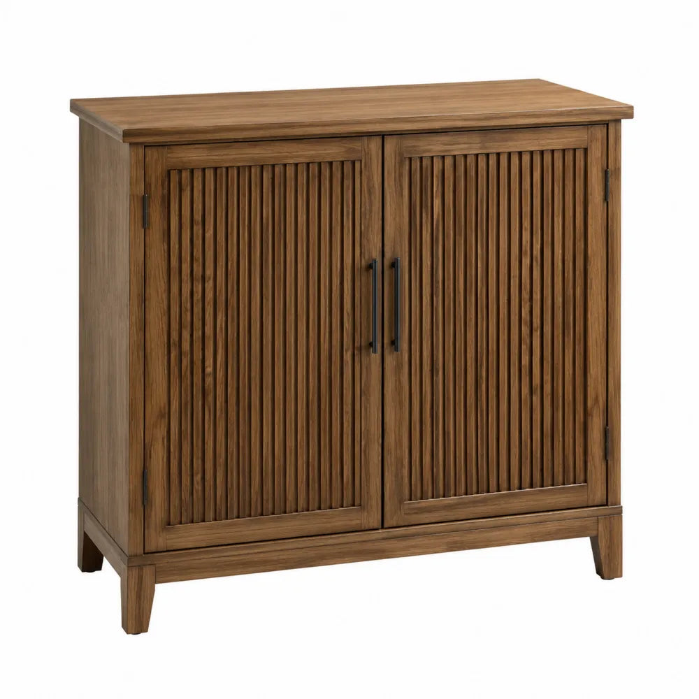 Meuble de rangement 2 portes en MDF plaqué noyer 100 x 40 x 92 cm avec façades rainurées et poignées noires
