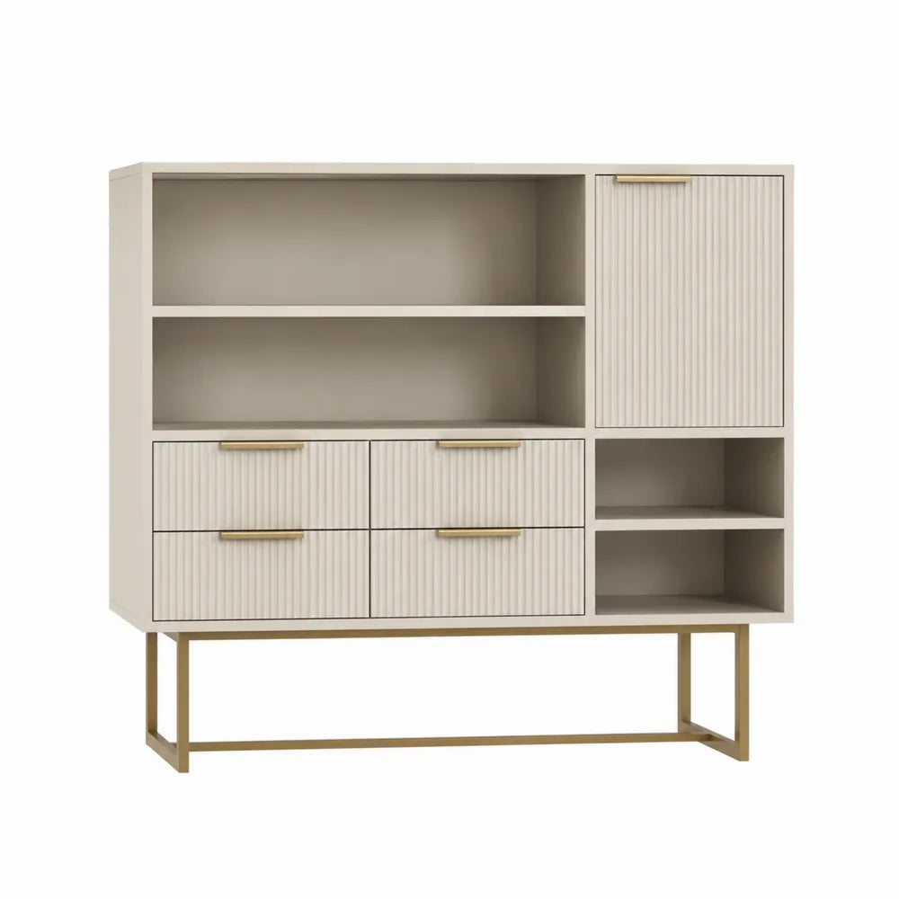 Meuble de rangement 4 tiroirs 1 porte niches ouvertes MDF laqué beige piètement acier doré 120 x 40 x 110 cm