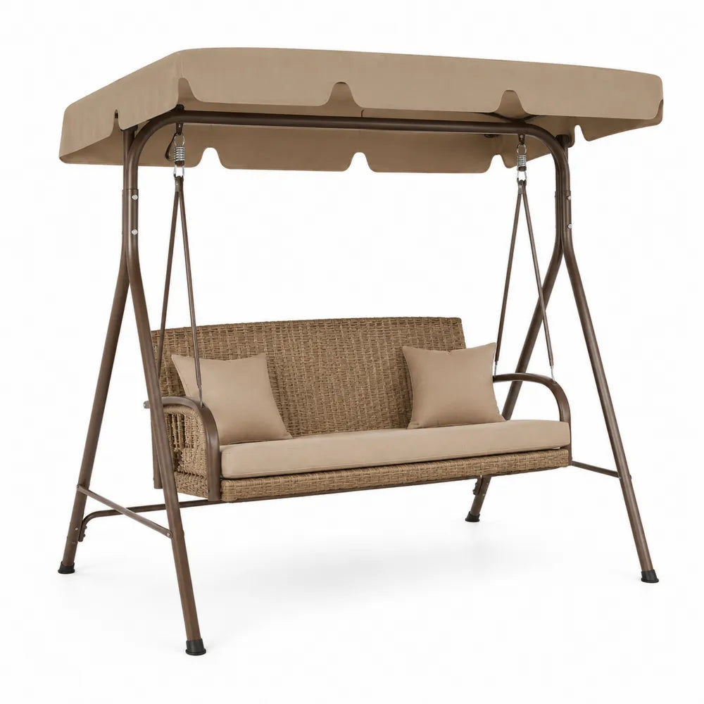 Balancelle de jardin 3 places avec auvent acier peint marron résine tressée PE beige coussins polyester taupe 200 x 125 x 175 cm