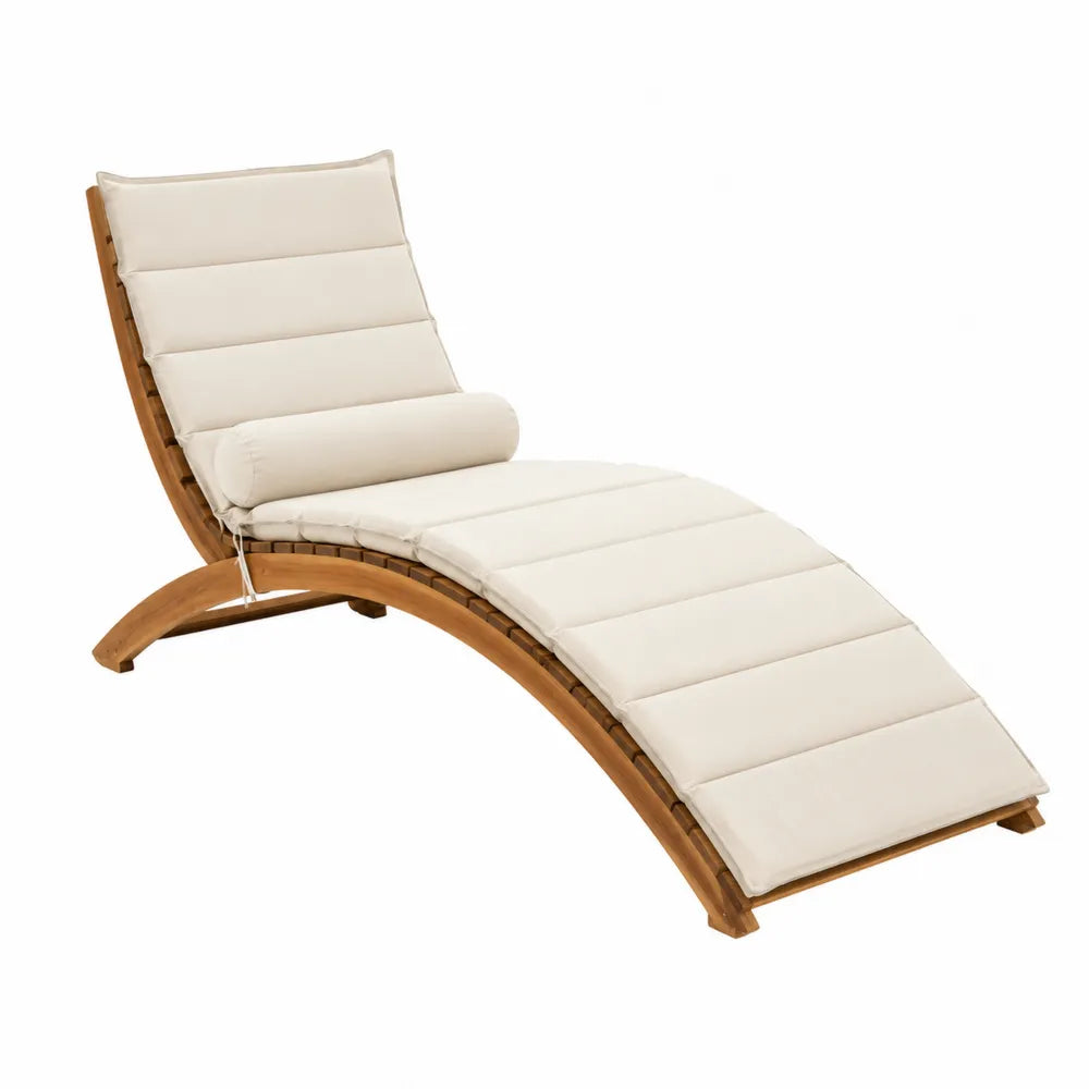Chaise longue de jardin 1 place en acacia massif coussin écru structure bois courbé 180 x 64 x 80 cm
