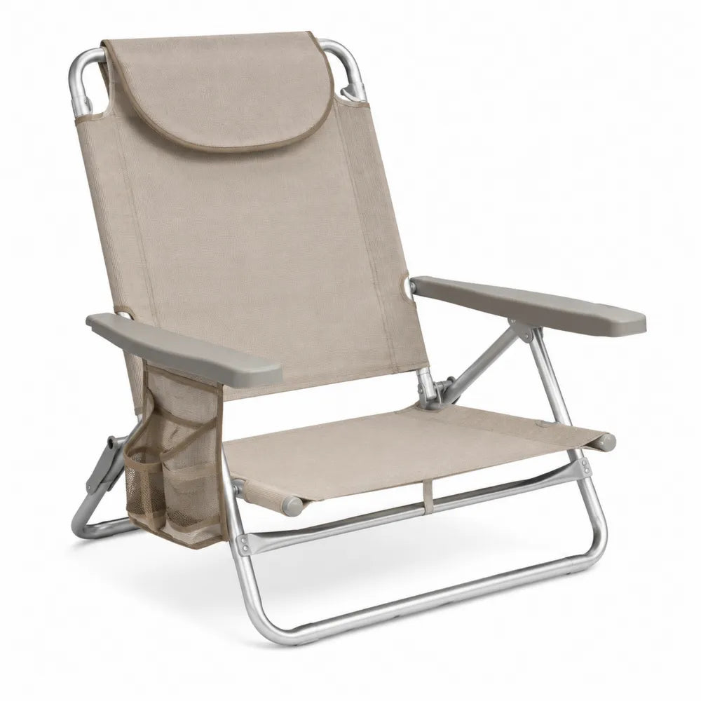 Chaise de plage pliante 1 place en aluminium et polyester beige avec accoudoirs et porte-gobelet 60 x 65 x 75 cm
