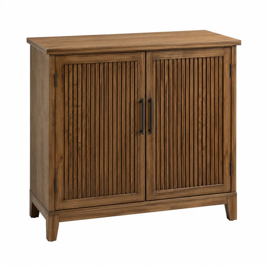 Meuble de rangement 2 portes en MDF plaqué noyer 100 x 40 x 92 cm avec façades rainurées et poignées noires