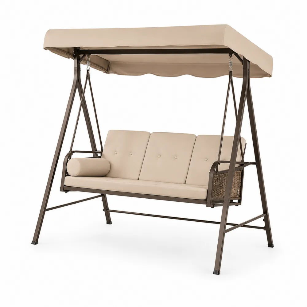 Balancelle de jardin 3 places avec toit 200 x 120 x 170 cm structure acier brun coussins beige