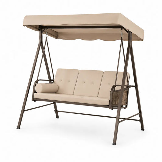 Balancelle de jardin 3 places avec toit 200 x 120 x 170 cm structure acier brun coussins beige