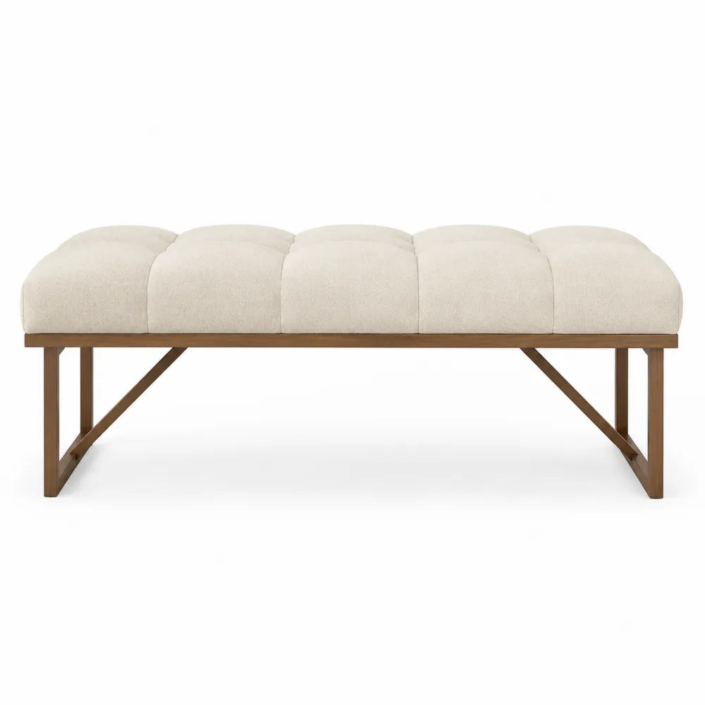 Banc de chambre rectangulaire en tissu bouclé beige avec structure en bois d'hévéa 120 cm x 40 cm x 46 cm