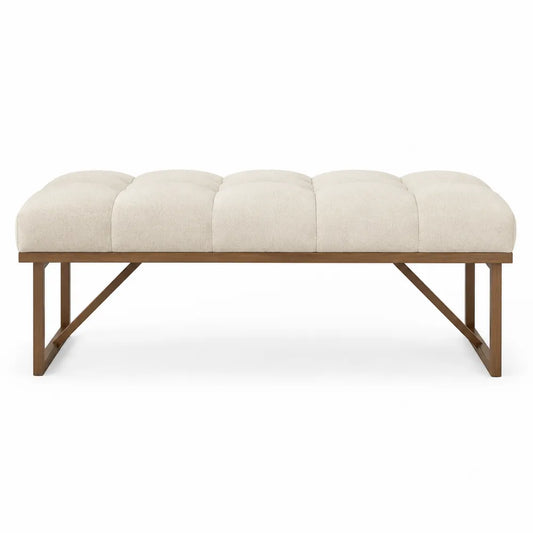 Banc de chambre rectangulaire en tissu bouclé beige avec structure en bois d'hévéa 120 cm x 40 cm x 46 cm