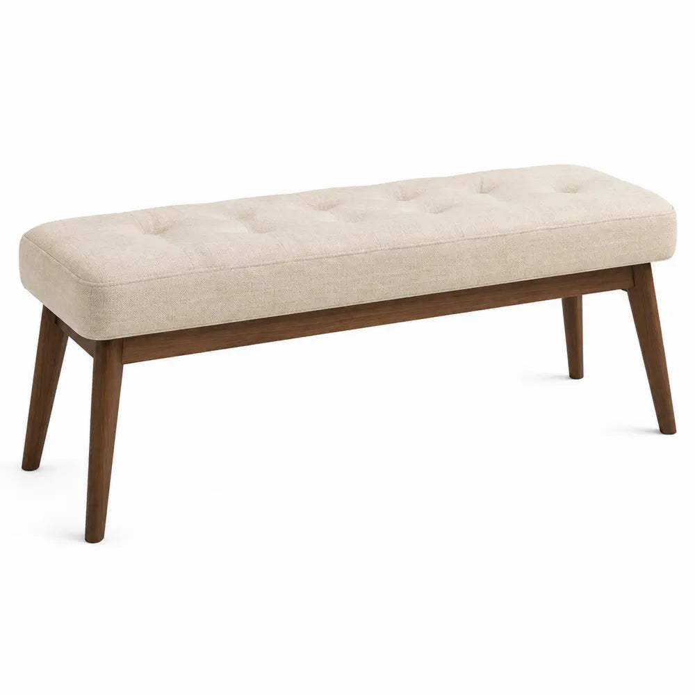 Banc de chambre capitonné en tissu beige et bois d'hévéa marron 120 cm x 40 cm x 45 cm