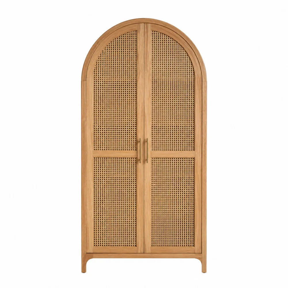 Armoire de rangement 2 portes MDF placage chêne naturel cannage rotin forme arquée 90 x 40 x 180 cm