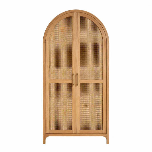 Armoire de rangement 2 portes MDF placage chêne naturel cannage rotin forme arquée 90 x 40 x 180 cm