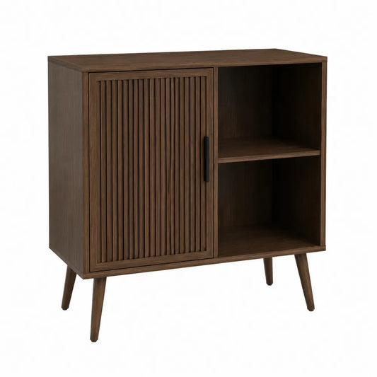 Meuble de rangement MDF placage noyer marron 90 x 40 x 82 cm porte rainurée niche ouverte pieds inclinés