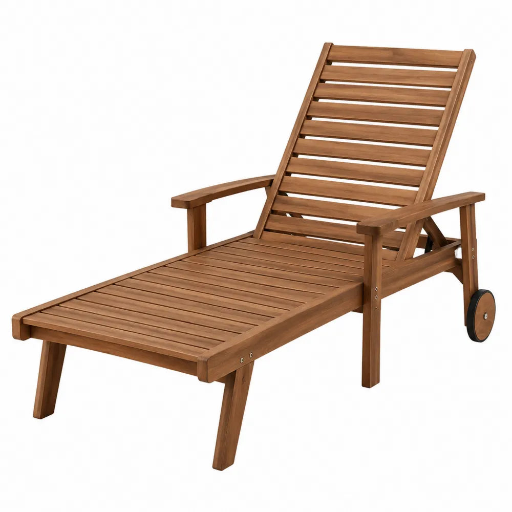 Chaise longue de jardin inclinable en acacia massif avec roues 200 x 70 x 86 cm bois brun miel