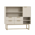 Meuble de rangement 4 tiroirs 1 porte niches ouvertes MDF laqué beige piètement acier doré 120 x 40 x 110 cm