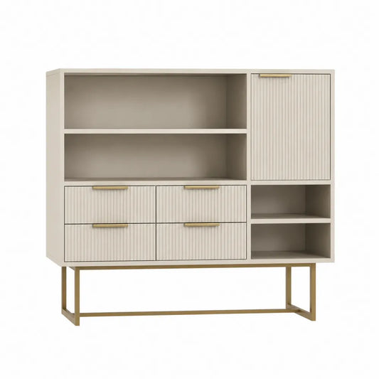 Meuble de rangement 4 tiroirs 1 porte niches ouvertes MDF laqué beige piètement acier doré 120 x 40 x 110 cm