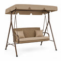 Balancelle de jardin 3 places avec auvent acier peint marron résine tressée PE beige coussins polyester taupe 200 x 125 x 175 cm