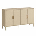 Buffet de rangement 4 portes MDF placage chêne clair rectangulaire 160 x 40 x 80 cm pieds acier doré beige