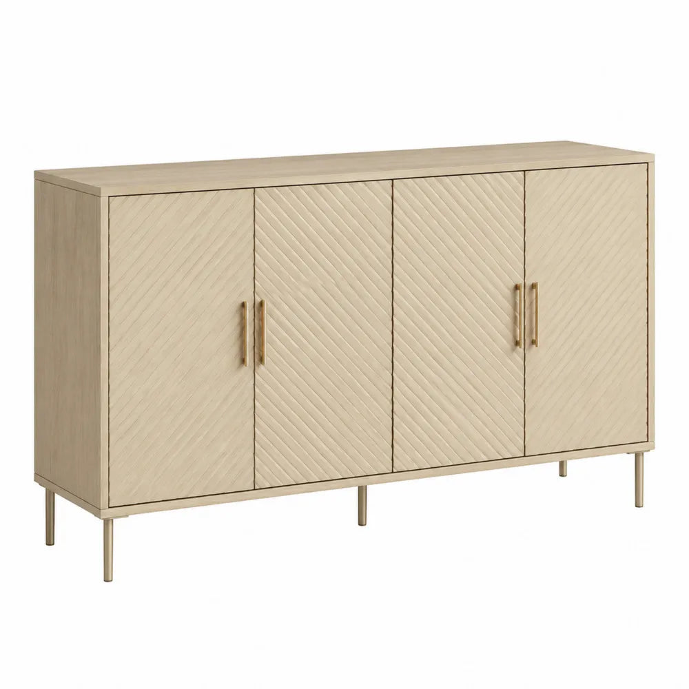 Buffet de rangement 4 portes MDF placage chêne clair rectangulaire 160 x 40 x 80 cm pieds acier doré beige
