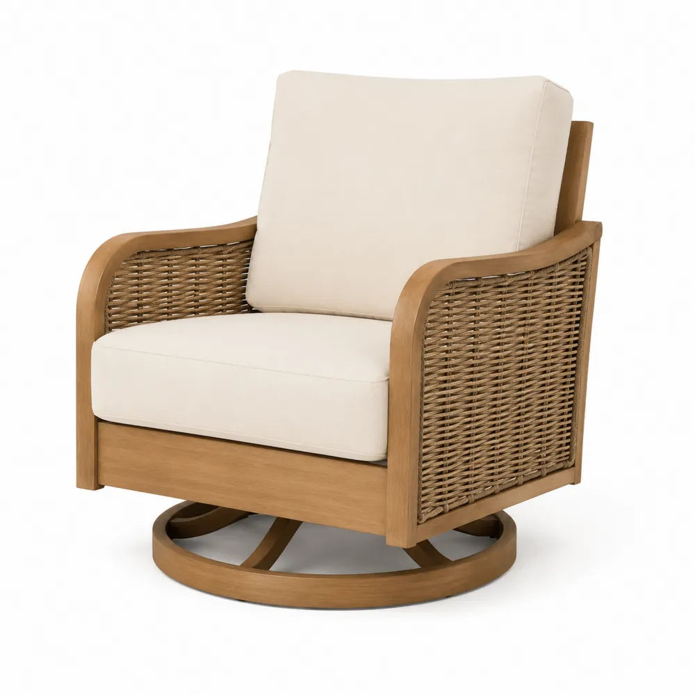 Fauteuil de jardin pivotant 1 place en acacia massif résine tressée rotin coussins crème 78 x 86 x 88 cm
