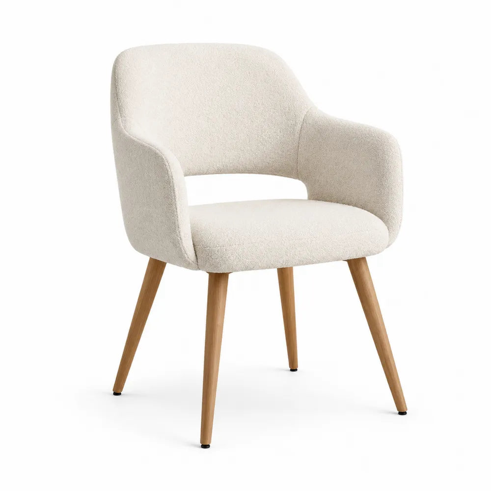 Chaise de salle à manger avec accoudoirs 56 x 58 x 84 cm en polyester bouclé beige et pieds en bois naturel