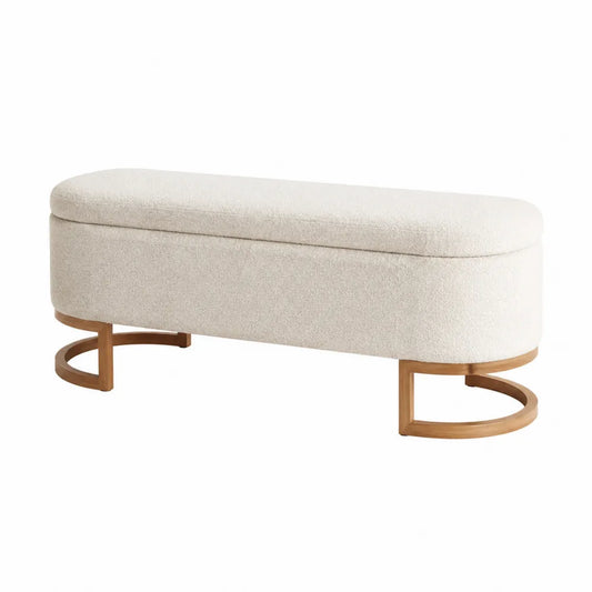 Banc de chambre capitonné en tissu beige et bois d'hévéa avec structure arrondie 120 cm x 42 cm x 45 cm