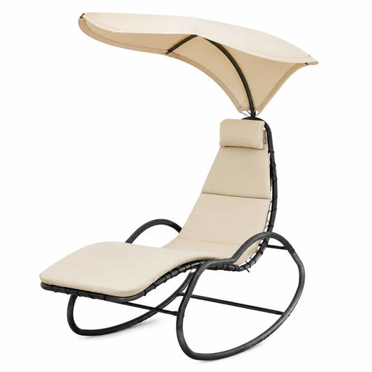Chaise longue de jardin à bascule avec pare-soleil acier poudré polyester beige 170 x 75 x 160 cm
