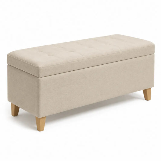 Banc coffre de chambre rectangulaire en tissu polyester beige et bois d'hévéa 110 cm x 40 cm x 45 cm