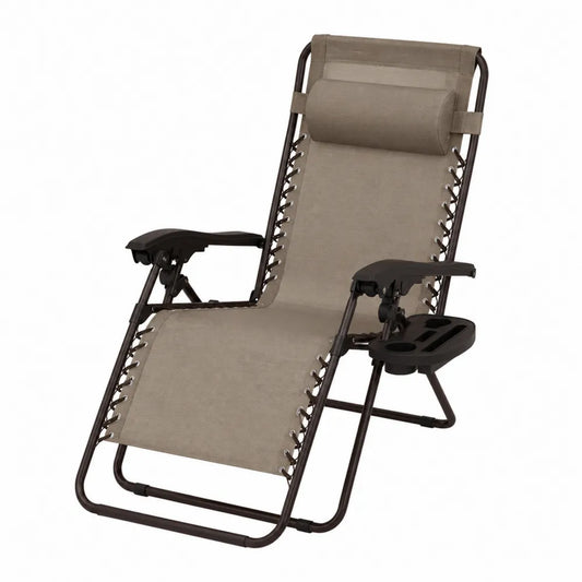 Chaise longue de jardin inclinable 1 place avec table latérale porte-gobelet acier brun foncé toile taupe