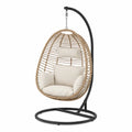 Fauteuil suspendu œuf de jardin avec support résine tressée PE beige acier noir 105 x 105 x 195 cm