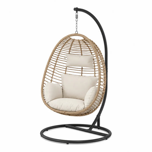 Fauteuil suspendu œuf de jardin avec support résine tressée PE beige acier noir 105 x 105 x 195 cm