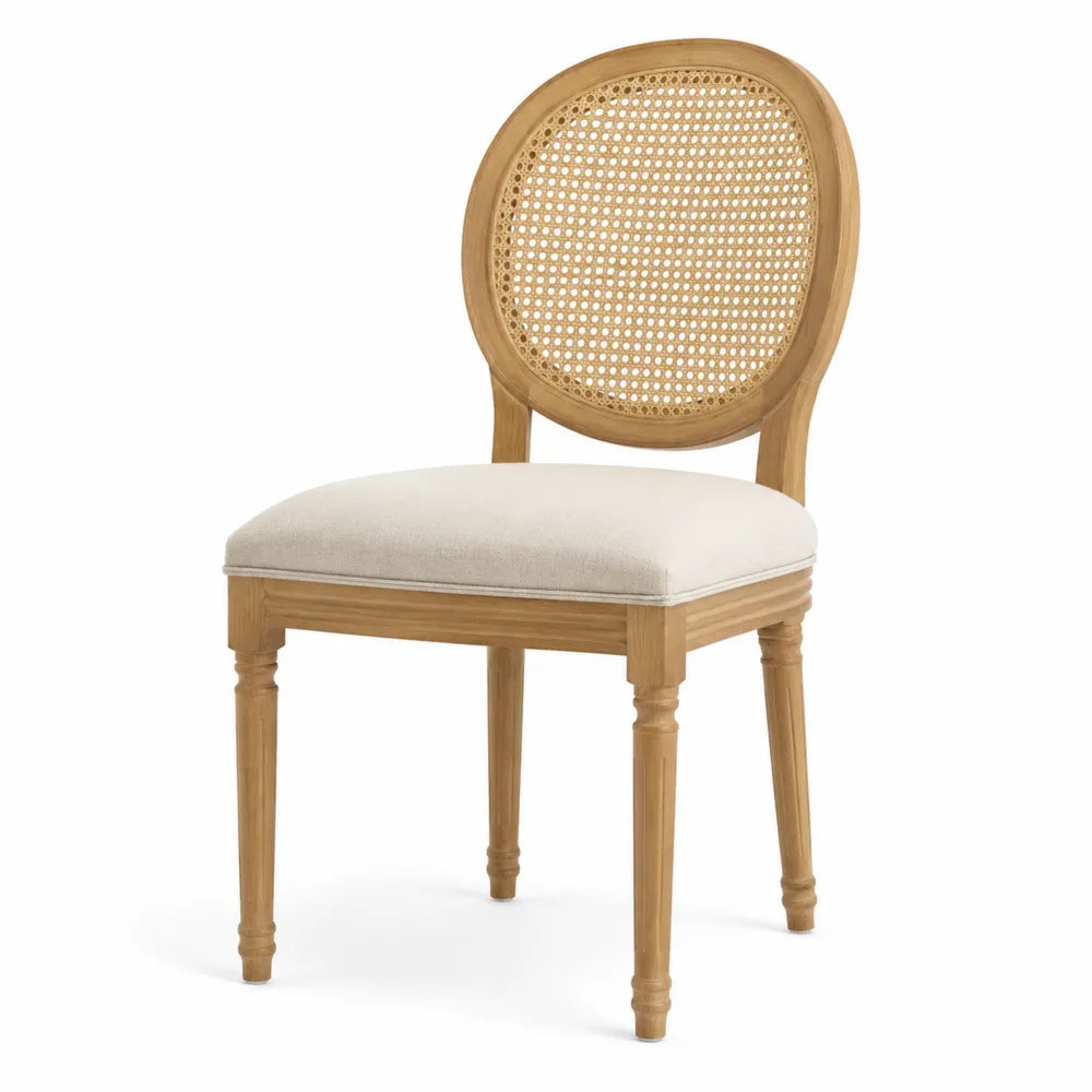 Chaise de salle à manger médaillon en bois de hêtre massif finition chêne clair dossier cannage rotin assise écru 50 cm x 57 cm x 96 cm